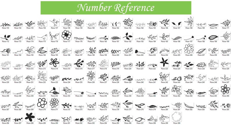 May include: A black and white image showing a numbered reference guide of 300 different floral and leaf illustrations. The image is labeled "Number Reference".