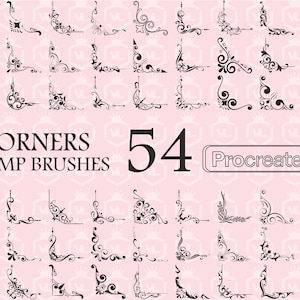 May include: A set of 54 black and white corner stamp brushes for Procreate. The brushes are designed to add a decorative touch to digital art and design projects.