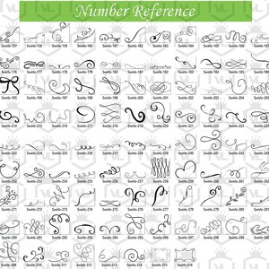 May include: A black and white image showing a numbered reference guide of 116 different decorative flourishes and swirls. The image is labeled "Number Reference".