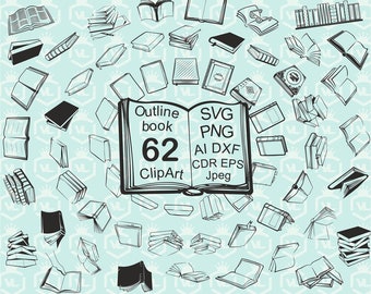 Outline book clipart SVG, Doodle hand drawn cartoon book svg PNG DXF, Book silhouette bundle, Book stack, Book logo, Cutfile Cricut Cut file