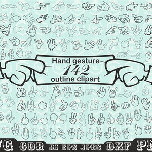 Gesto de mano de contorno clipart, mano de dibujos animados dibujada a mano, SVG PNG DXF, silueta de mano, símbolo de paz, signo de pulgar hacia arriba, archivo Cutfile Cricut