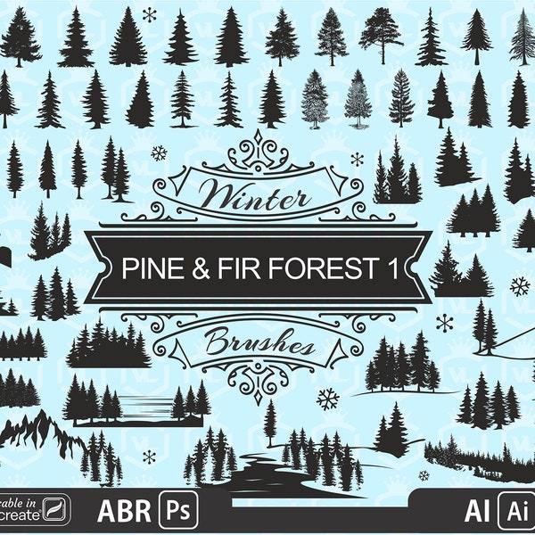 Pine Evergreen Forest brushes for Photoshop ( usable in Procreate 5 ) and Illustrator CC, Forest Silhouette brush stamps, ABR and AI files