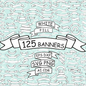 Weiß Banners, Bänder, Etikett, Schriftrolle Clip Art Clipart Schwarzer Umriss weiße Füllung Design SVG-Dateien, Png-EPS-Dateien Cricut-Schnitt-Dateien
