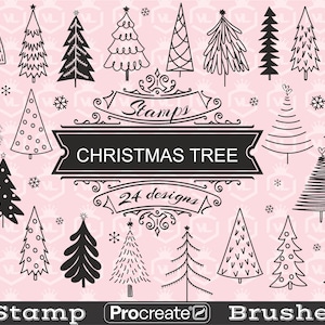 Christmas Tree Procreate Stamp Brushes, Cartoon Doodle Pine & Fir Silhouette, Procreate iPad Brush Stamps Brushset