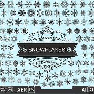 May include: A set of 108 black snowflake brush designs for use in Procreate, Adobe Photoshop, and Adobe Illustrator. The image shows a variety of snowflake shapes and sizes.