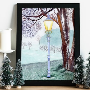 Street Light in Winter Park Printable JPG Image, Drawing Street Lantern, Watercolor Painting Digital Image