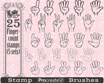 Finger count gesture Procreate Stamp Brushes, Finger count Procreate Stamps, Peace Victory Hand sign Brushset for iPad