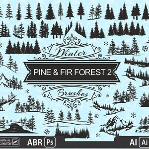 Pennelli Pine Evergreen Forest per Photoshop (utilizzabili in Procreate 5) e Illustrator CC, timbri pennello Forest Silhouette, file ABR e AI