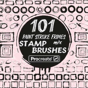 Puede incluir: 101 marcos de trazos de pintura y pinceles de sello para Procreate. La imagen muestra una colección de trazos de pincel negros y blancos en forma de círculos y cuadrados sobre un fondo rosa.