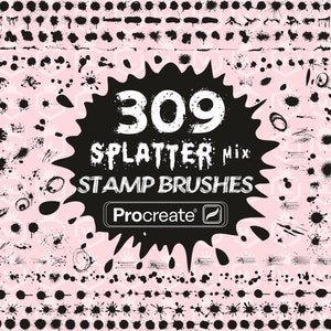 Può includere: Una grafica in bianco e nero con un grande design a spruzzo nero. La grafica dice "309 Splatter Mix Stamp Brushes Procreate". La grafica è circondata da una varietà di design a spruzzo neri.