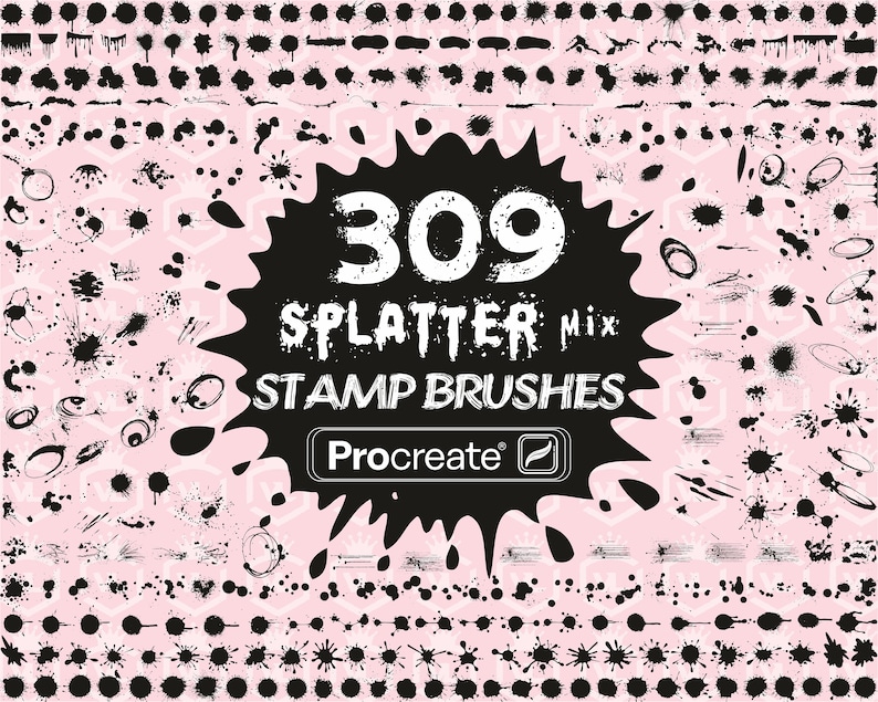 Op de afbeelding: Een zwart-witte afbeelding met een groot zwart splatterontwerp. De afbeelding zegt "309 Splatter Mix Stamp Brushes Procreate". De afbeelding is omgeven door een verscheidenheid aan zwarte splatterontwerpen.