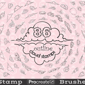 May include: A set of 86 outline cloud stamps for Procreate. The stamps are in black and white and feature a variety of cloud shapes.