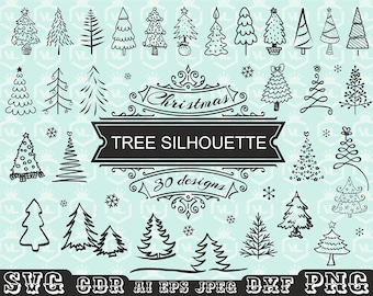 Paquete de árboles de Navidad SVG y PNG, silueta de árbol de Navidad, árbol dibujado a mano, diseño navideño, fondo transparente, archivo de corte Cricut