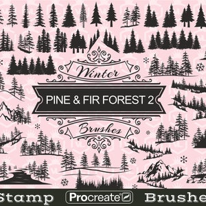 Pennelli per timbri Silhouette di abete e pino, timbri Procreate Woodland Pine, set di pennelli per iPad, timbri Procreate Mountain Evergreen Tree