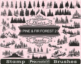 Fir and Pine Tree Silhouette Stamp Brushes, Woodland Pine Procreate Stamps, Brushset for iPad, Mountain Evergreen Tree Procreate Stamps