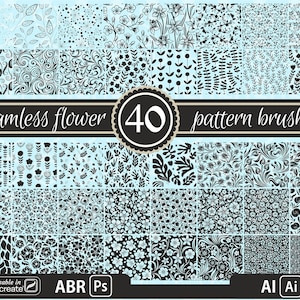 May include: A set of 40 seamless flower pattern brushes for digital art and design. The brushes are black and white and feature a variety of floral designs. The image includes the text "Seamless flower 40 pattern brushes".