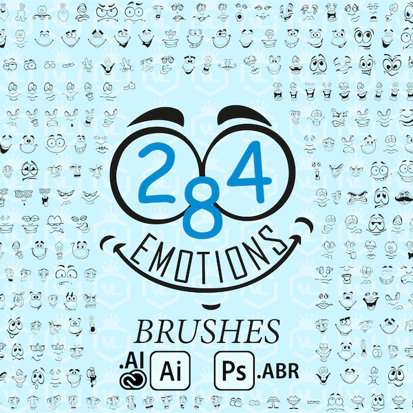 Emotion face bundle, Brushes for Photoshop and Illustrator, Emoji face stamps, Cartoon faces, Expression faces, Outline faces