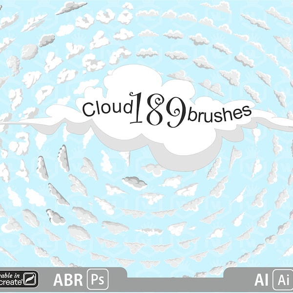 Cloud design Brush for Photoshop ( usable in Procreate 5 ) and Illustrator CC, Heaven stamp, Weather stamp, Ps & AI Cloud stamp, ABR file