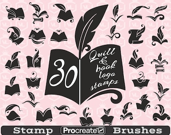 Book Procreate Stamp Brushes, Open book silhouette stamps, Doodle book Procreate Stamps, Book and Quill logo brushset for iPad