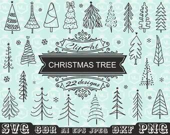 Paquete de árboles de Navidad SVG y PNG, silueta de árbol de Navidad, árbol dibujado a mano, diseño navideño, fondo transparente, archivo de corte Cricut