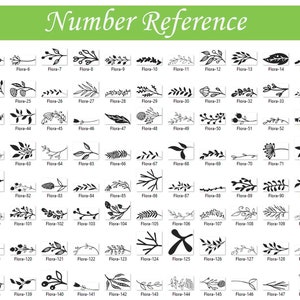 May include: A black and white image showing 150 different floral designs. Each design is numbered and labeled with the text "Flora".