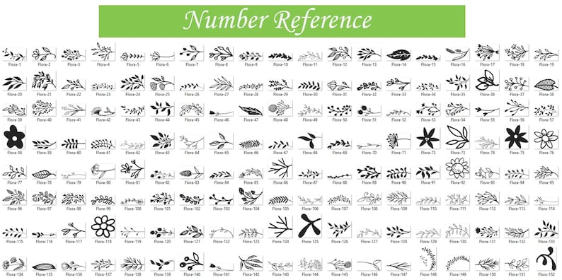 May include: A black and white image showing 150 different floral designs. Each design is numbered and labeled with the text "Flora".