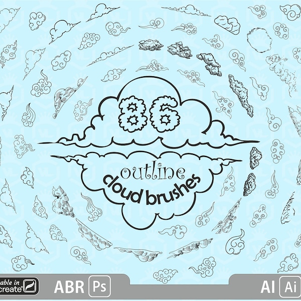 Outline Cloud design Photoshop ( usable in Procreate 5 ), Illustrator CC Brush, Heaven stamp, Weather stamp, Ps & AI Cloud stamp, ABR file