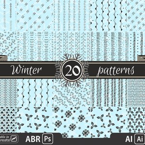 Può includere: Venti motivi invernali in bianco e nero su uno sfondo blu chiaro. I motivi includono fiocchi di neve, forme geometriche e linee. Il testo "Winter 20 patterns" è visualizzato su un nastro nero.