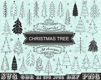 Paquete de árboles de Navidad SVG y PNG, silueta de árbol de Navidad, árbol dibujado a mano, diseño navideño, fondo transparente, archivo de corte Cricut