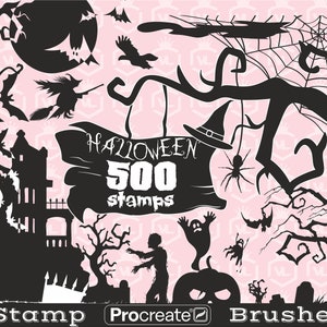 Halloween Procreate Stamp Brushes, Ghosts Pumpkins Bats Ghost houses Zombies Witches Procreate Stamps, Gothic Brushset for iPad