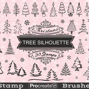 Christmas Tree Procreate Stamp Brushes, Cartoon Doodle Pine & Fir Outline, Procreate iPad Brush Stamps Brushset