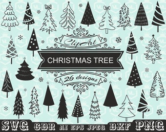 Paquete de árboles de Navidad SVG y PNG, silueta de árbol de Navidad, árbol dibujado a mano, diseño navideño, fondo transparente, archivo de corte Cricut