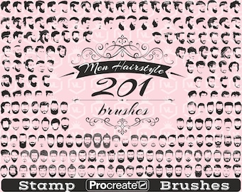201 Men Hairstyle Procreate Stamp Brushes, Male Hair with Beard brush Procreate Stamps, Mustache Hairstyle brushset for iPad