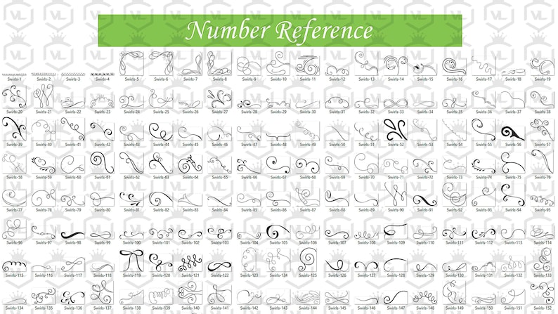 May include: A black and white image showing 150 different decorative flourishes and swirls. The image is labeled "Number Reference" and each flourish is numbered from 1 to 150.