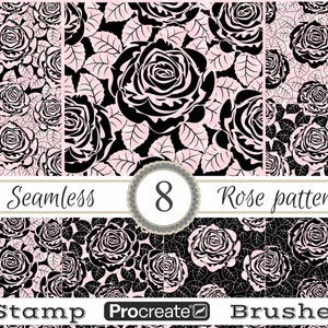 Puede incluir: Conjunto de 8 pinceles digitales de sellos de patrones de rosas sin costuras para Procreate. Los patrones presentan rosas negras sobre un fondo rosa y rosas rosas sobre un fondo negro.