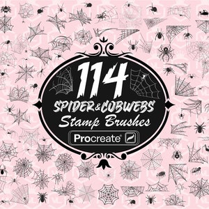 May include: A black and white illustration of 114 spider and cobweb stamp brushes for Procreate. The image features a variety of spider web designs, including circular, triangular, and rectangular shapes.