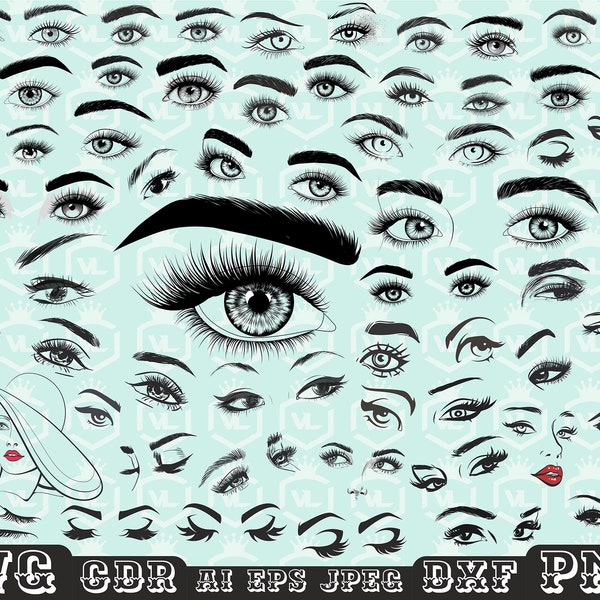 Women eyes clipart pack SVG PNG DXF, Eyebrows svg, Makeup svg, Eyelashes Girl svg, Eyes silhouette, Transparent background, Cricut, Cut file