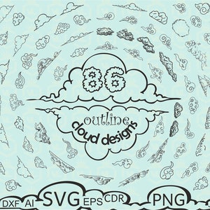 Outline Cloud Clipart, Weather Clip art Svg, Cartoon Clouds svg, EPS DXF PNG Transparent background, Weather cut file, Cloud cricut cut file
