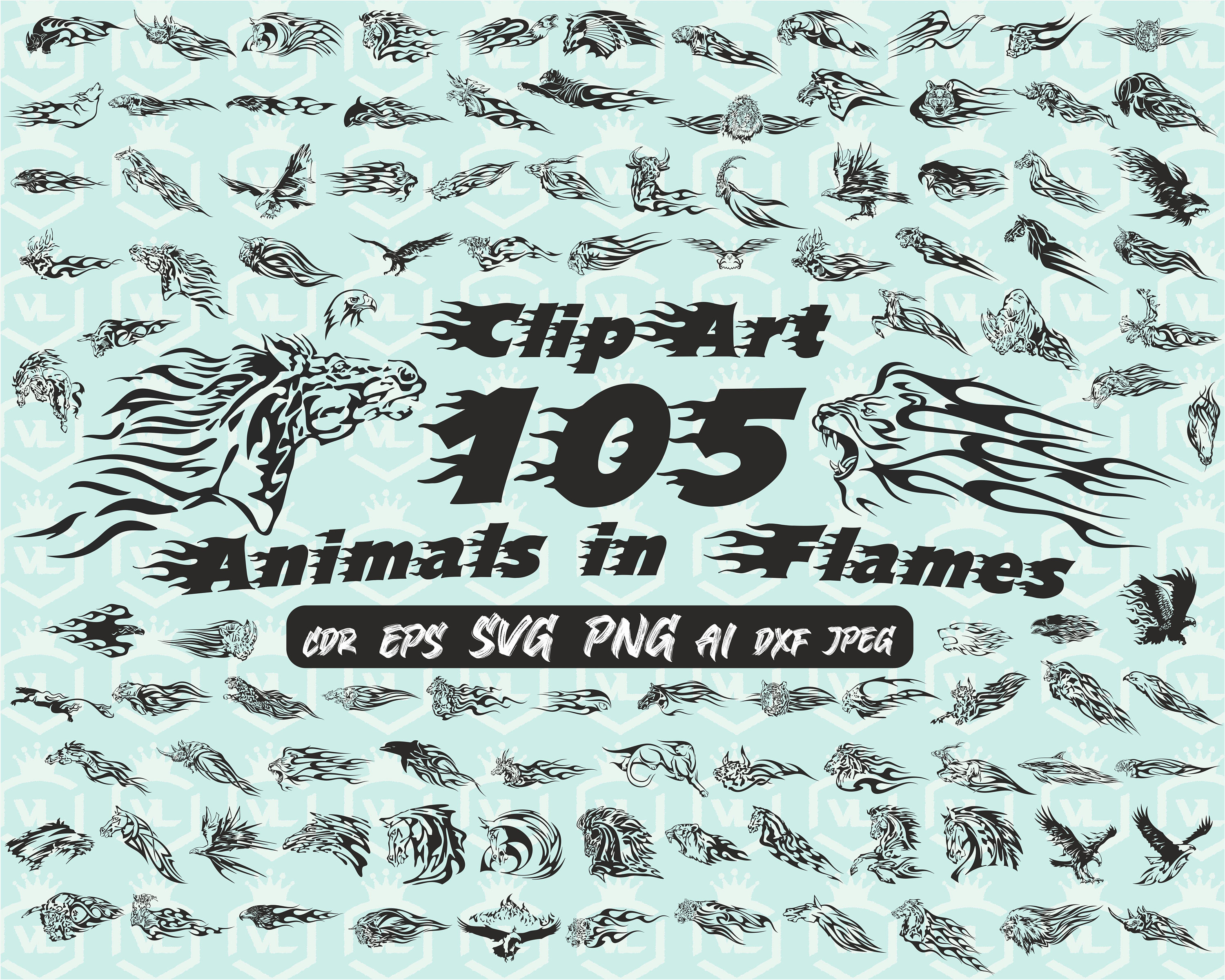 Animals in flames, On fire Tattoo design Clip Art, *SVG* Png Eps File, Transparent background, Silhouette Cricut Cut File
