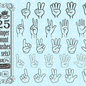 May include: A set of 25 black and white cartoon hand illustrations showing fingers in different positions, representing numbers 1 through 5. The illustrations are arranged in five rows of five, with each row representing a different number. The illustrations are on a light blue background.