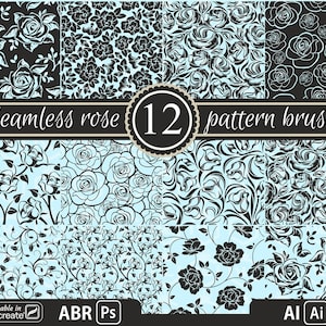 Photoshop（Procreate 5で使用可能）およびIllustrator CC用のシームレスなローズパターンブラシ、PsおよびAI用の花柄ウエスタンパターン、ABRファイル
