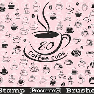 Puede incluir: Un conjunto de 80 pinceles de sello de taza de café para Procreate. Los pinceles son en blanco y negro y presentan una variedad de diseños de tazas de café. La imagen incluye el texto "80 Coffee Cups".