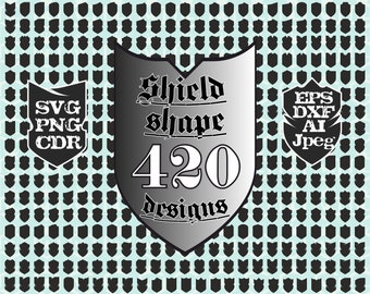 May include: A silver shield shape with the text "Shield shape 420 designs" in black and white. The shield is surrounded by a pattern of smaller black shields on a light blue background. The text "SVG PNG CDR" is in a white shield on the left and "EPS DXF AI Jpeg" is in a white shield on the right.
