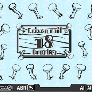 May include: A set of 18 black and white digital brushes depicting driven nails. The brushes are designed for use in Procreate, Photoshop, and Illustrator. The image includes a sign that reads "Driven nail 18 Brushes".