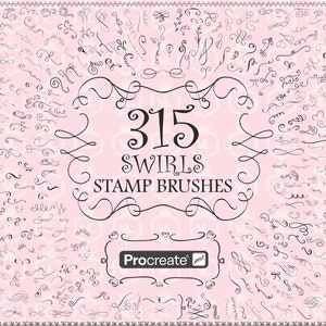 Könnte beinhalten: Ein rosa Hintergrund mit einer Sammlung von 315 schwarzen und weißen Wirbel-Stempelpinseln für Procreate. Der Text "315 Swirls Stamp Brushes" befindet sich in der Mitte des Bildes.