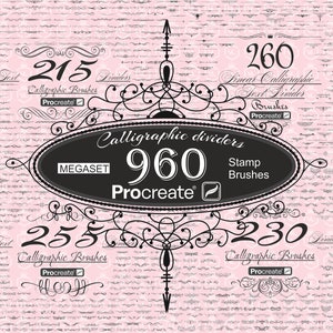 Puede incluir: Una imagen en blanco y negro de un conjunto de 960 pinceles de sello Procreate para divisores de caligrafía. La imagen muestra una variedad de estilos de pincel diferentes, incluidos pinceles lineales, de texto y de división. La imagen también incluye el texto "Calligraphic dividers" y "Procreate".