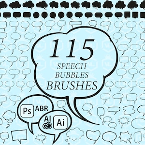 Può includere: Un set di 115 pennelli per fumetti per Adobe Photoshop, Illustrator e ABR. I pennelli sono in bianco e nero e sono disposti in una griglia su uno sfondo blu chiaro. Il testo "115 Speech Bubbles Brushes" è in un grande carattere grassetto.