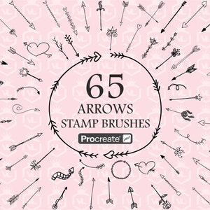 May include: A set of 65 black and white arrow stamp brushes for Procreate. The arrows are drawn in a variety of styles, including simple, ornate, and whimsical.
