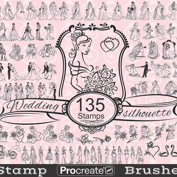 Wedding Silhouette Procreate Outline Stamp Brushes, Engagement Stamp Brushset for iPad, Newlyweds Groom and Bride Lovers brush stamps