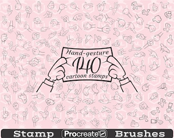 Peut inclure: Un ensemble de 140 tampons de geste de la main de dessin animé pour Procreate. Les tampons sont en noir et blanc et sont disposés en grille sur un fond rose. Le texte "Hand-gesture 140 cartoon stamps" est écrit sur un papier blanc tenu par une main de dessin animé.